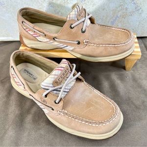 Sperry Top Sider Boat Shoes Women's 8M Tan Leather Plaid Linen Loafers Deck